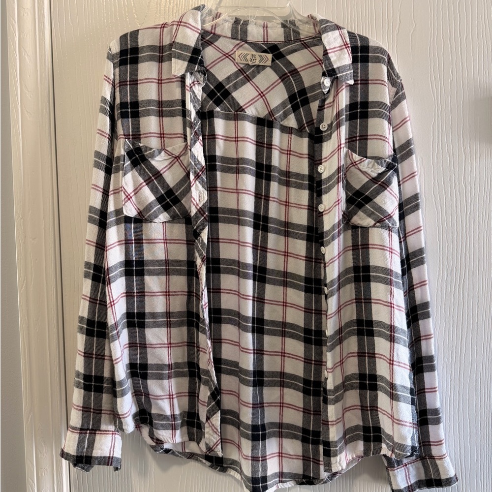 Pink Rose Black White Maroon Plaid Button-Up Shirt size small - great condition